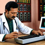 A modern Unani medicine clinic. A doctor is using a computer to analyze a patient's pulse (computerized pulse diagnosis). Modern equipment is visible in the background, alongside traditional Unani herbs and remedies. The scene should convey a blend of ancient wisdom and modern technology.